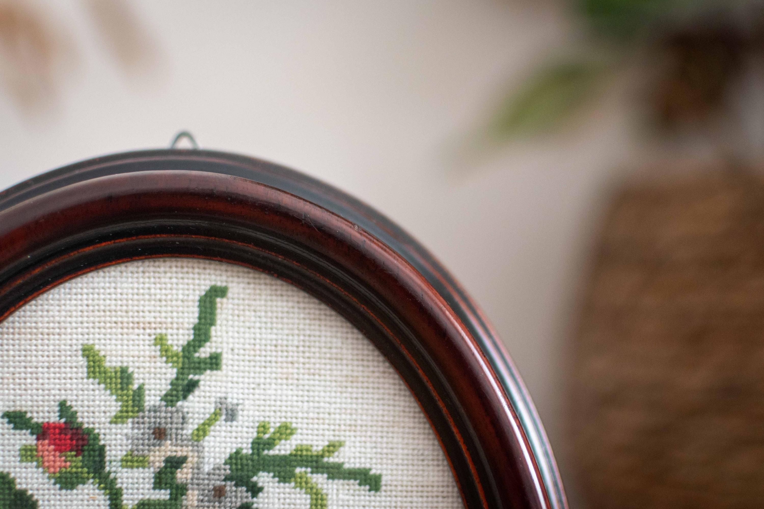 Vintage 1970s Floral Needlepoint Art in Oval Wooden Frame With Glass ...