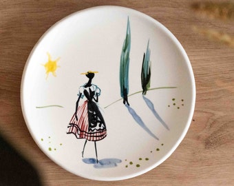 Vintage Hand-Painted Porcelain Decorative Plate | 1958 Silhouette Woman & Cypress Trees | Decorative Plate 7-inch Diameter | Italy Europe