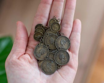 Vintage 1980s Faux Queen Elizabeth II Coin Pendants - Faux Coin Charms - Craft Supplies - Jewelry Making - Steampunk Fake Coins Jewelry
