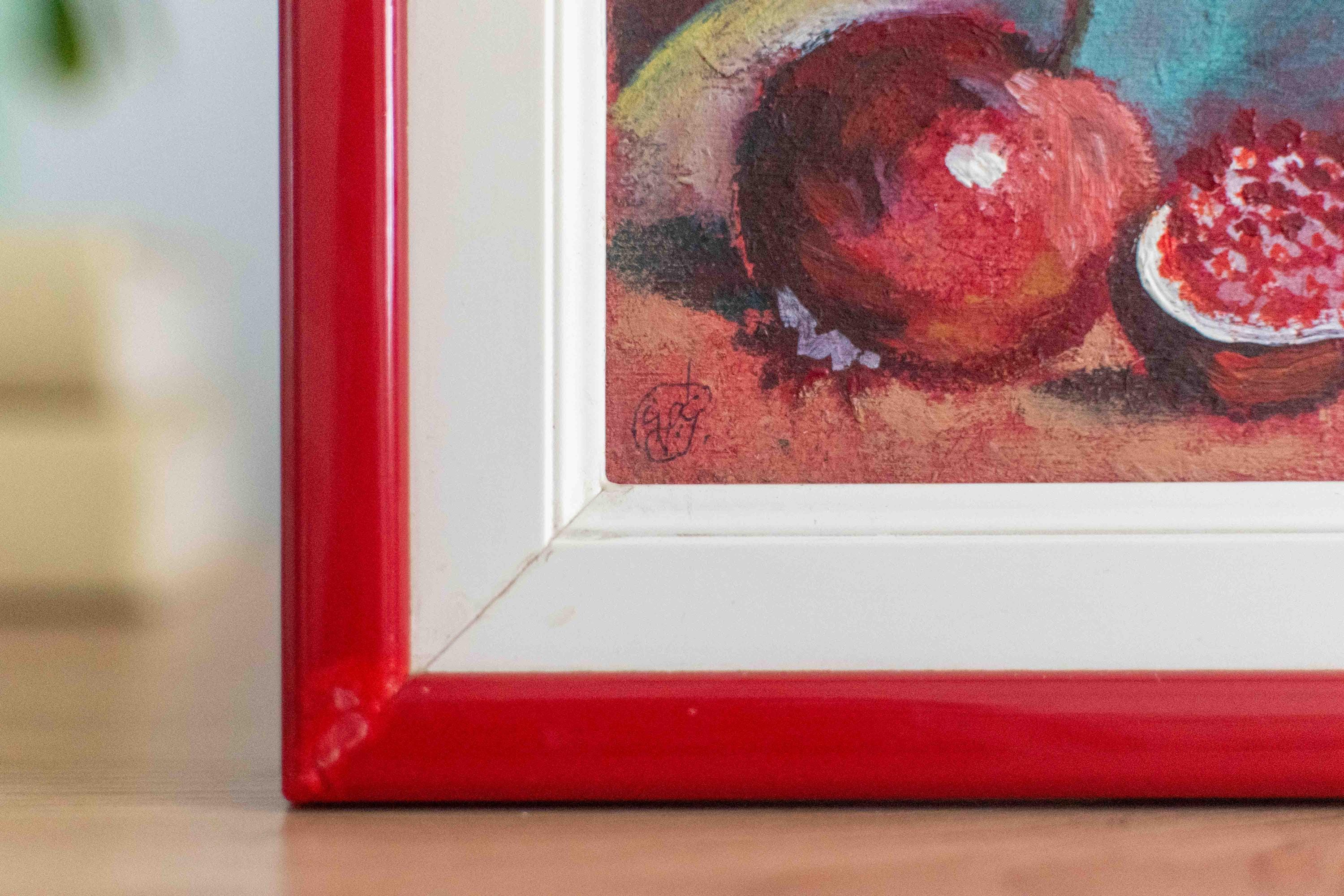 赤い木とザクロの絵画　実りの鼓動が、風景に溶けてゆく ヴィンテージ サイン入り油絵: ミッドセンチュリーの赤いザクロと