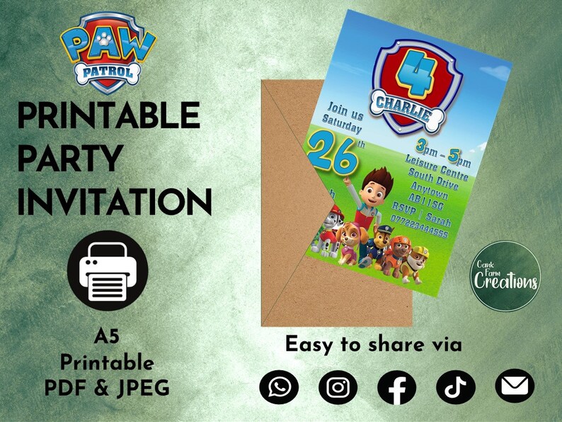PAW PATROL Personalised Invitation Printable Invitation Kids Birthday