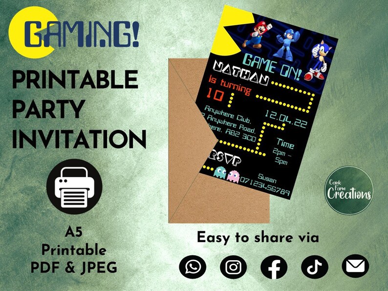 GAMING Personalised Invitation Printable Invitation Kids Birthday Party