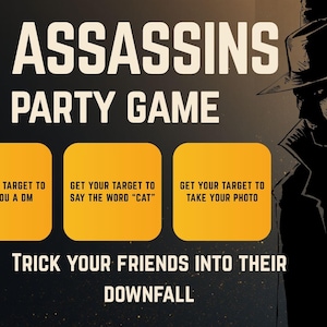 May include: A promotional graphic for the Assassins Party Game. The image features the game's title in large white text, with three orange boxes detailing game actions. A shadowy figure in a trench coat and fedora is on the right.