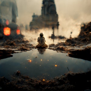 Puede incluir: Una pequeña figura se sienta en un charco de agua en un paisaje desolado. La figura lleva una túnica con capucha y está de espaldas al espectador. El fondo está borroso y muestra una gran estructura en la distancia.
