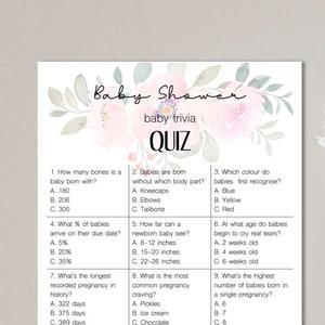 Baby Shower Games | Baby Trivia Quiz | Printable | Download | Pink Floral | ATN003