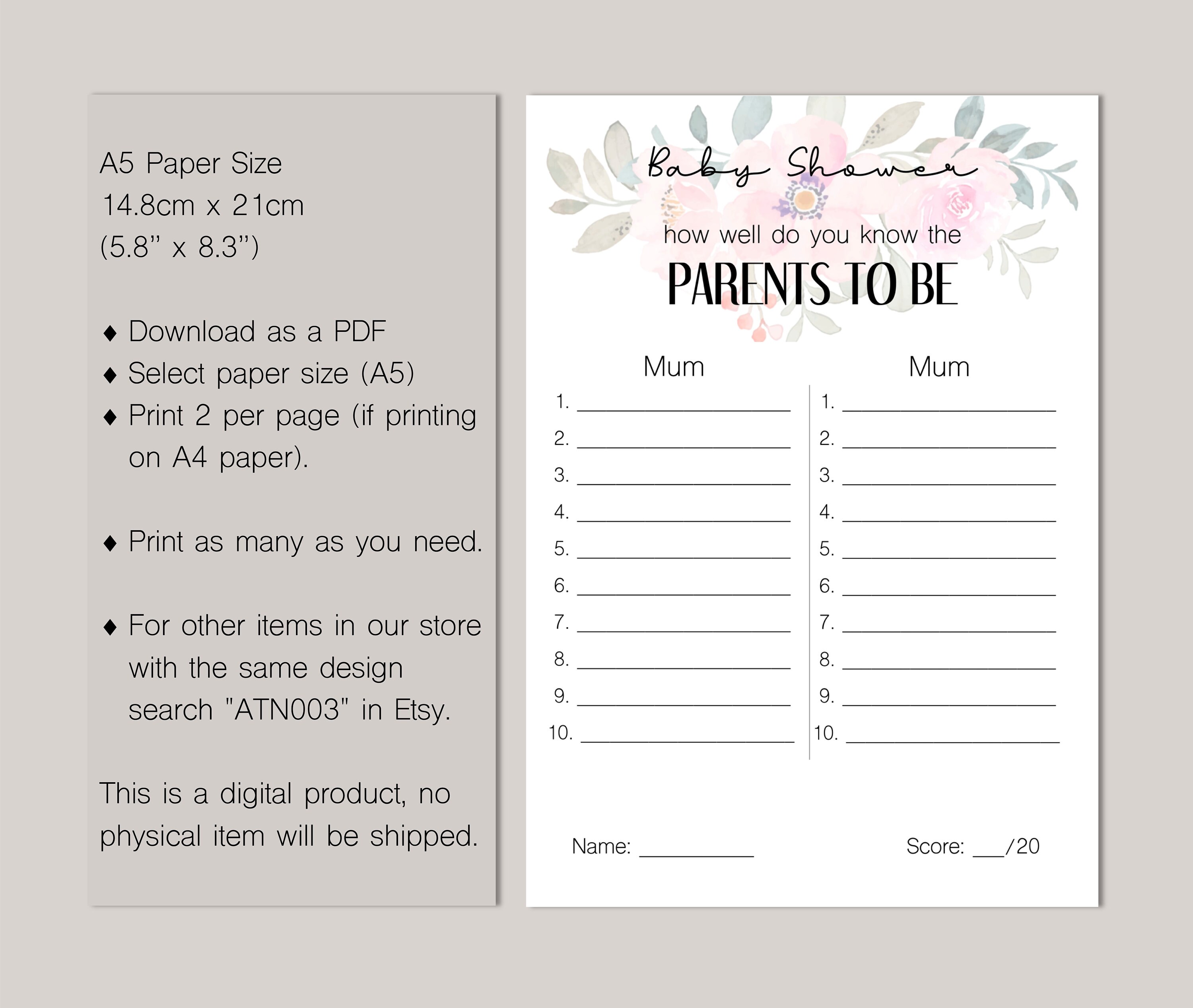 Baby Shower Games Parents Quiz Printable Download Pink - Etsy
