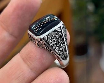 Natural Yemeni Black Sterling Silver Agate Ring For Men, Square Aqeeq Gemstone