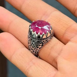Men's 12 Carat Natural African Ruby Ring, Sterling Silver Oval Cut, Handmade Yaqoot Jewelry