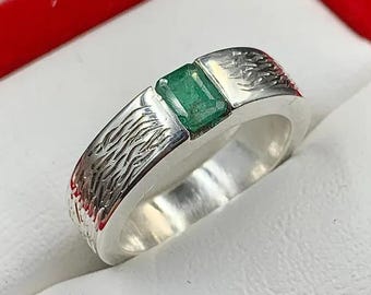 Handcrafted Rich Green Natural Emerald Mens Band, Sterling Silver 925 Zamurd Ring