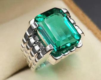 Men's 10 Carat Emerald Ring, Sterling Silver, Lab Made Gemstone, Handmade Ring
