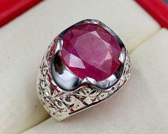Men's 10 Carat Natural Ruby Ring, Sterling Silver, Anniversary Gift, Yaqoot Ring