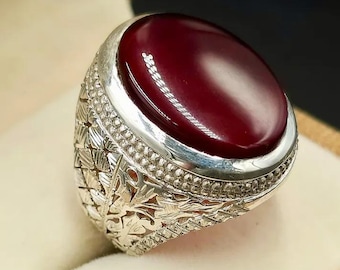 Handcrafted Yemeni Aqeeq Ring, Natural Agate, 925 Sterling Silver, Men's Shia Ring