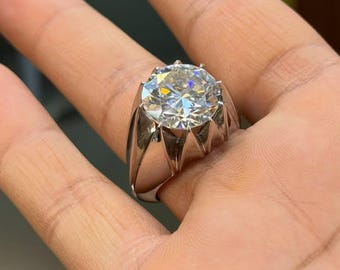10 Carat Moissanite Diamond Ring, Sterling Silver Men's Band, Lab Made Stone