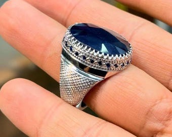 20 Carat Deep Blue Sapphire Men's Sterling Silver Ring, Natural Gemstone Handmade Jewelry