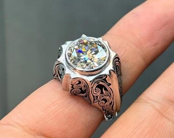 5 Carat Certified Moissanite Diamond Ring, Sterling Silver Mens Statement Ring