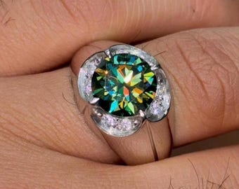 5 Carat Certified Green Moissanite Diamond Ring, Sterling Silver, Men's Ring