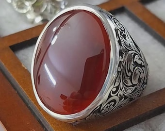 Men's Yemeni Aqeeq Ring – 925 Sterling Silver, Red Agate