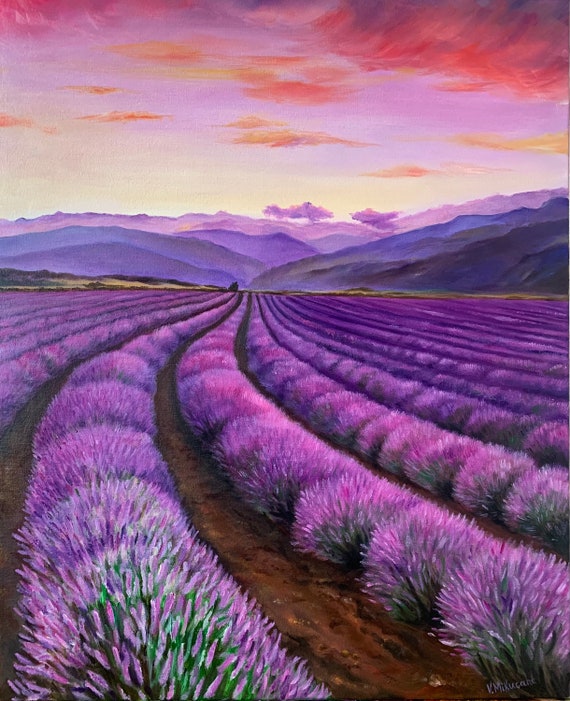 Lavender Field Sunset Landscape Flowers Original Oil Painting 55.9