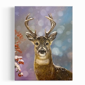 Deer In The Snow Oil Painting, Winter Berries Deer, Christmas Gift, Wall Decor