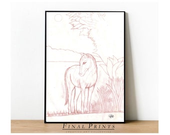 Horse Drawing Wall Art, Animal Nature Printable, Red Line Art, Printable Nursery Decor, Gift for Baby