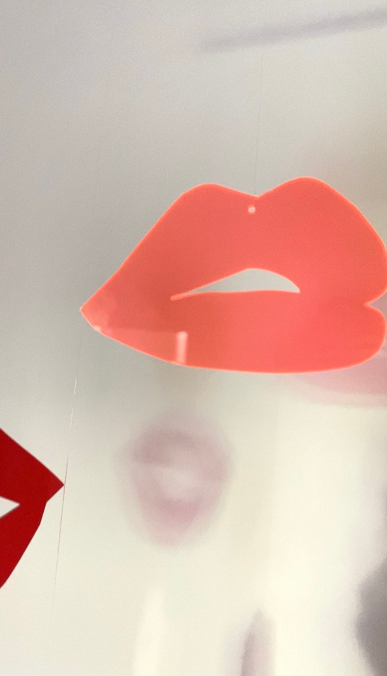 Pu&ograve; includere: Due paia di labbra, una rossa e una rosa, sono mostrate su uno sfondo bianco. Le labbra sono ritagliate e sembrano essere fatte di carta o plastica.