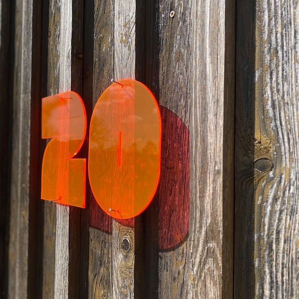 Neon orange house number made from recycled acrylic glass – modern design house number, single digit for facade, entrance and front door