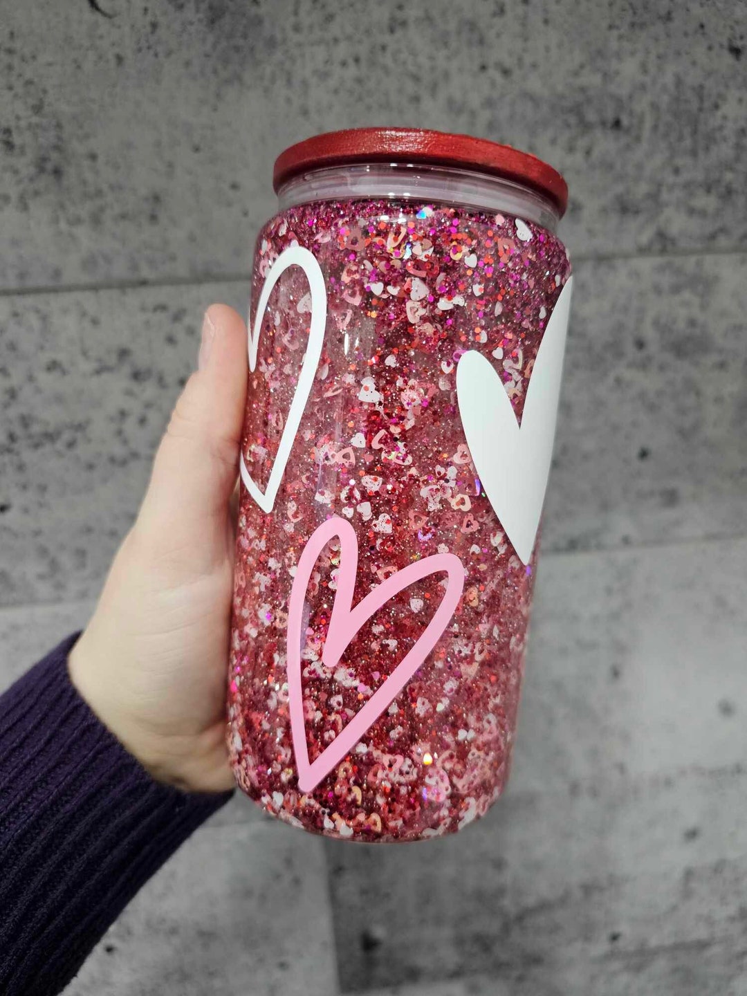 Snow Globe Can Glass snowball Effect 16oz Red Hearts Etsy