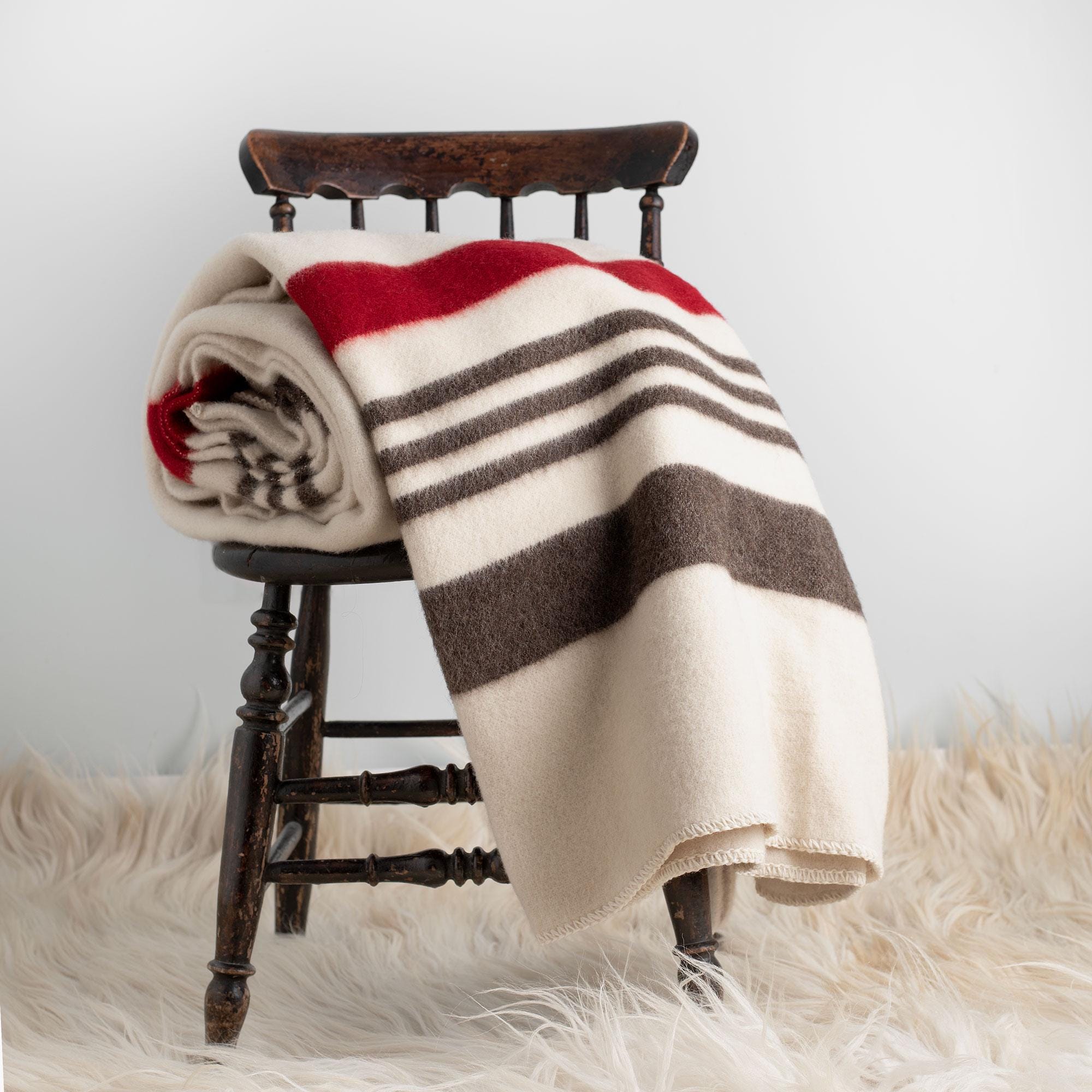 Wool Blanket, Thick Sheep's Wool Blanket in Natural White with Brown and Red Stripes. 100% Virgin Wool, Warm Winter Blanket Throw