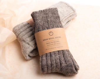 Wool Socks, 100% Natural Wool Crew Socks, Irish Aran Woolen Socks. Warm Winter Wool Socks.