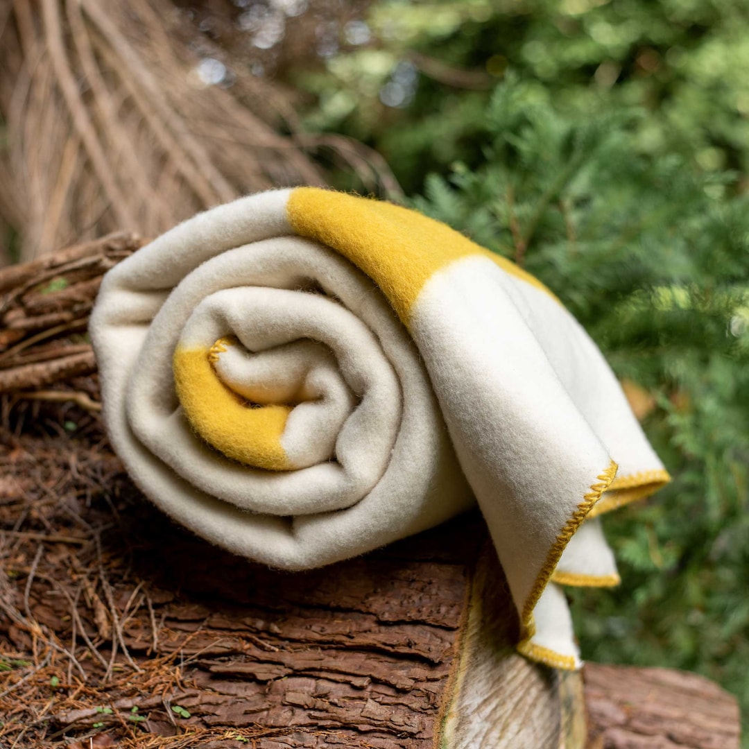 Heavy Wool Blanket in Natural White Mustard. 100 Wool Warm and Thick
