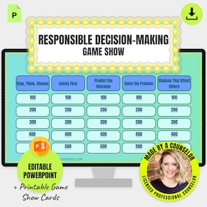 Op de afbeelding: Een digitaal spelshowbord getiteld Responsible Decision-Making Game Show met vijf categorieën: Stop, Think, Choose; Safety First; Predict the Outcome; Solve the Problem; en Choices That Affect Others, elk met puntwaarden van 100 tot 500.