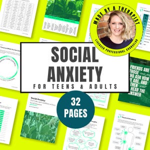May include: A green and yellow digital download for a social anxiety workbook for teens and adults. The workbook has 32 pages and is made by a licensed professional counselor. The cover features a cactus plant and the text "Social Anxiety: Feel Calm and Confident in Every Social Situation".