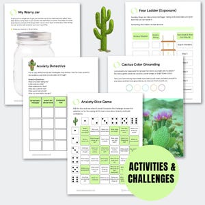 May include: A collection of mental health activity sheets featuring a My Worry Jar worksheet, a Fear Ladder, an Anxiety Detective guide, a Cactus Color Grounding exercise, and an Anxiety Dice Game, all decorated with cactus illustrations and text.
