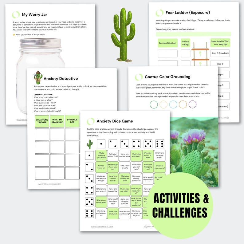 May include: A collection of mental health activity sheets featuring a My Worry Jar worksheet, a Fear Ladder, an Anxiety Detective guide, a Cactus Color Grounding exercise, and an Anxiety Dice Game, all decorated with cactus illustrations and text.