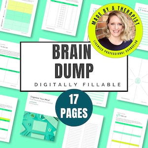 Könnte beinhalten: Ein digitaler druckbarer Brain-Dump-Arbeitsbuch mit 17 Seiten. Der Umschlag hat ein grün-gelbes Farbschema mit dem Text "BRAIN DUMP" in Schwarz und "DIGITALLY FILLABLE" in Weiß. Das Arbeitsbuch wurde von einem Therapeuten erstellt und soll Menschen helfen, ihre Gedanken und Ideen zu ordnen.