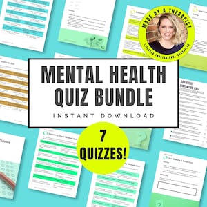 May include: A bundle of mental health quizzes with the text "MENTAL HEALTH QUIZ BUNDLE" and "INSTANT DOWNLOAD". The image includes 7 quizzes and a photo of a therapist. The quizzes cover topics like gratitude and cognitive distortions.