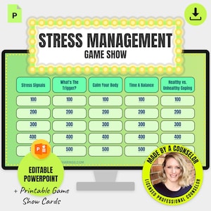Puede incluir: Un tablero de concurso digital titulado Stress Management Game Show con categorías que incluyen Stress Signals, What's The Trigger, Calm Your Body, Time & Balance y Healthy vs. Unhealthy Coping, con valores de 100 a 500.