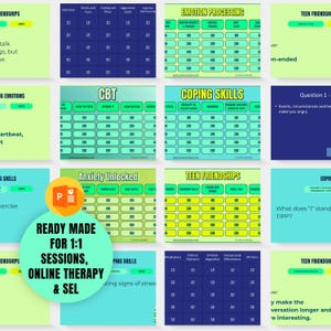 May include: A collection of digital therapy game slides featuring various categories like Emotion Processing, CBT, Coping Skills, and Teen Friendships. Each slide displays a grid with point values from 10 to 500, designed for 1:1 sessions and online therapy.