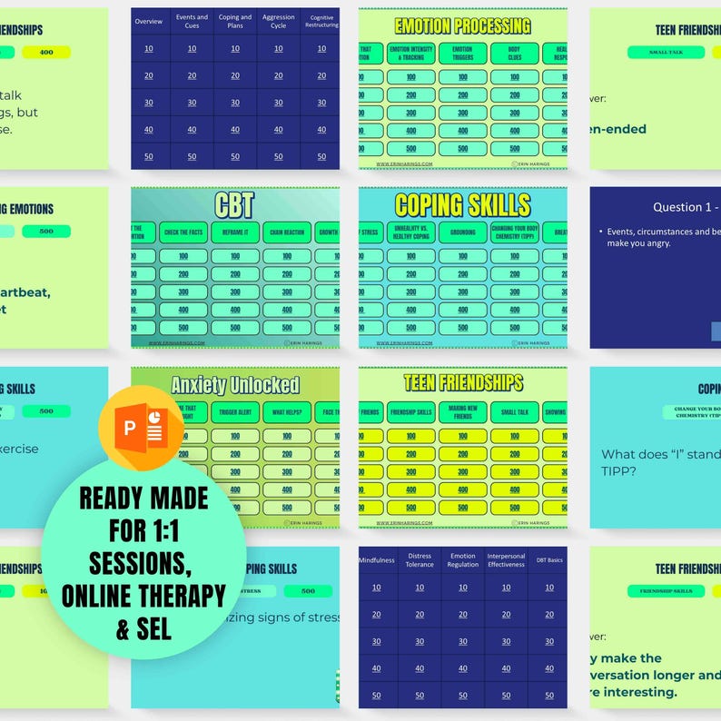 May include: A collection of digital therapy game slides featuring various categories like Emotion Processing, CBT, Coping Skills, and Teen Friendships. Each slide displays a grid with point values from 10 to 500, designed for 1:1 sessions and online therapy.