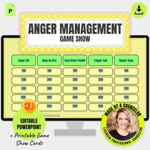 May include: An Anger Management Game Show PowerPoint template featuring a yellow grid with five categories: Anger 101, Body On Fire, Cool Down Toolkit, Trigger Talk, and Repair Shop. Each category has point values from 100 to 500 in a table format.