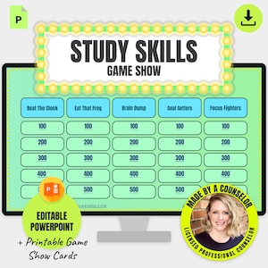 May include: A digital game show board titled STUDY SKILLS GAME SHOW with five categories: Beat The Clock, Eat That Frog, Brain Dump, Goal Getters, and Focus Fighters. Each category has point values from 100 to 500 in a light green grid layout.