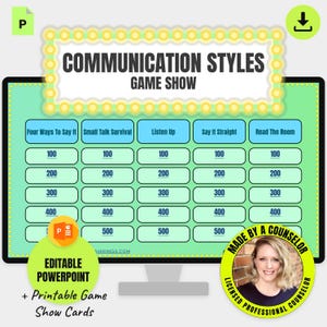 May include: A digital game show board titled Communication Styles Game Show with five categories: Four Ways To Say It, Small Talk Survival, Listen Up, Say It Straight, and Read The Room, each featuring point values from 100 to 500 in a grid.