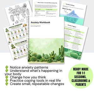 May include: A spiral-bound Anxiety Workbook by Erin Harings MS LPC with a green cactus-themed cover, displayed alongside several printed pages featuring cactus illustrations, positive affirmations, coping dice, and anxiety management charts.