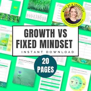 May include: A digital download of a 20-page printable workbook titled "Growth vs Fixed Mindset: Explore the Power of Your Mind." The workbook features a variety of activities and exercises designed to help individuals understand and develop a growth mindset.