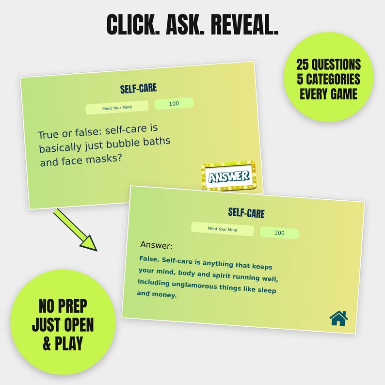 May include: A digital game card set featuring the text CLICK. ASK. REVEAL. and NO PREP JUST OPEN & PLAY. The cards display self-care questions and answers with a green gradient background, 25 questions, 5 categories, and a home icon.