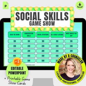 Puede incluir: Un tablero de juego digital titulado SOCIAL SKILLS GAME SHOW con categorías que incluyen READ THE ROOM, CONVERSATION SKILLS, SOCIAL SITUATIONS, BE A GREAT LISTENER y WHAT WOULD YOU DO, con valores de puntos de 100 a 500 en cuadrícula.