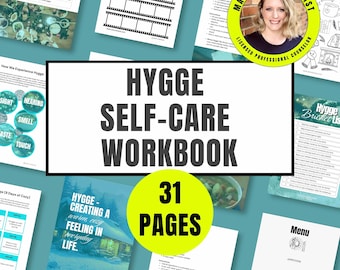 Manual de autocuidado Hygge para terapia/actividades de mindfulness, rituales acogedores, recordatorios para diario, afrontamiento sensorial y bienestar invernal.