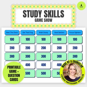 Könnte beinhalten: Ein ausdruckbares Study Skills Game Show Spielbrett mit fünf Spalten, beschriftet mit Beat The Clock, Eat That Frog, Brain Dump, Goal Getters und Focus Fighters. Jede Spalte enthält Punktwerte von 100 bis 500 in blauen und grünen Feldern.