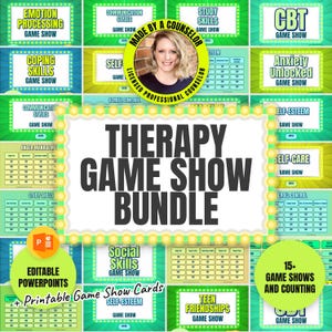 May include: A digital therapy game show bundle featuring multiple interactive slides with titles like Emotion Processing, Coping Skills, and CBT. The central text reads Therapy Game Show Bundle, surrounded by a yellow lightbulb border design.