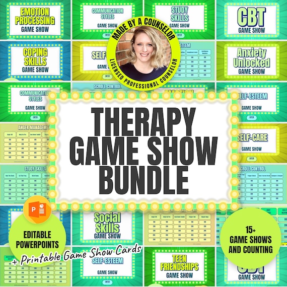 Therapy Game Show Bundle | 26+ Counseling Games for Coping Skills, DBT, CBT, Anxiety, Anger, Emotions & Teen Friendship, Editable PowerPoint